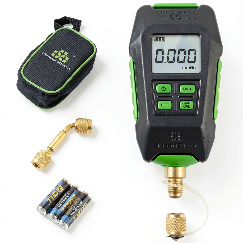 'Wisscool vacuum gauge displaying pressure readings on a lab bench'