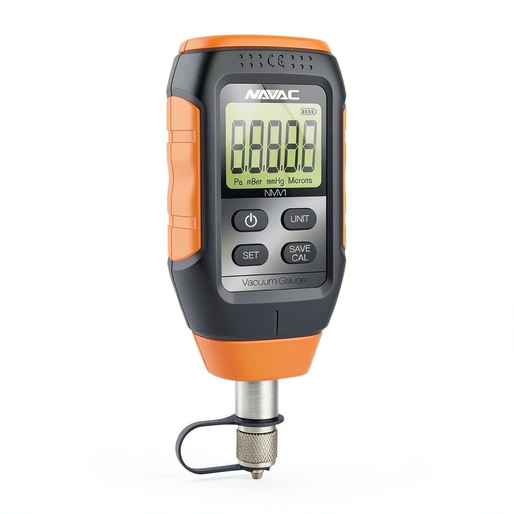 NAVAC NMV1 Micron Vacuum Gauge displaying vacuum levels on a backlit screen